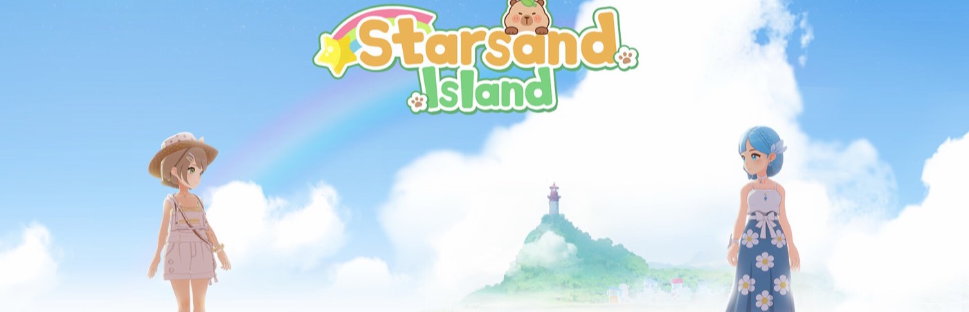 Official Starsand Island artwork — tropical island and beachfront homestead